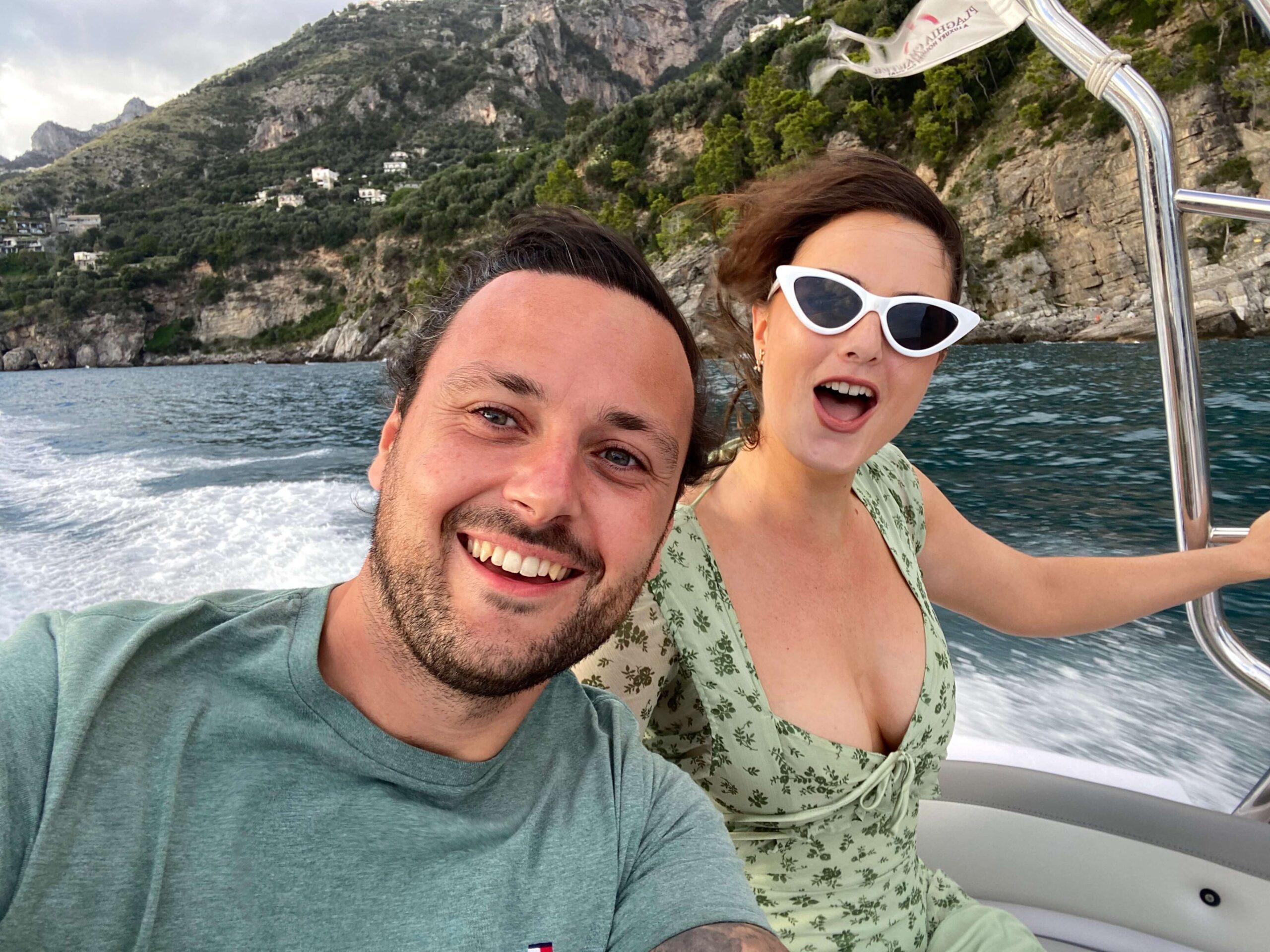 Alex and Emily on the speedboat back from Positano to Praiano.