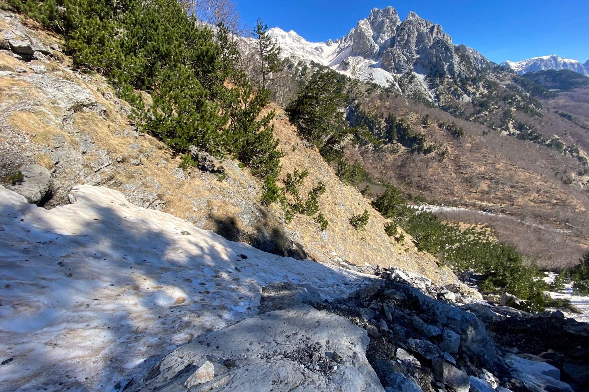 Snowy climb to the Valbona Pass from Valbona to Theth